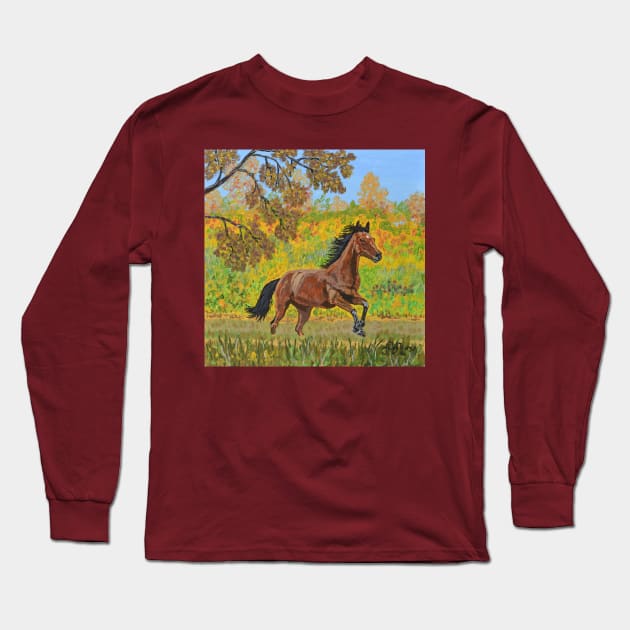 A running brown horse in autumn Long Sleeve T-Shirt by Anton Liachovic